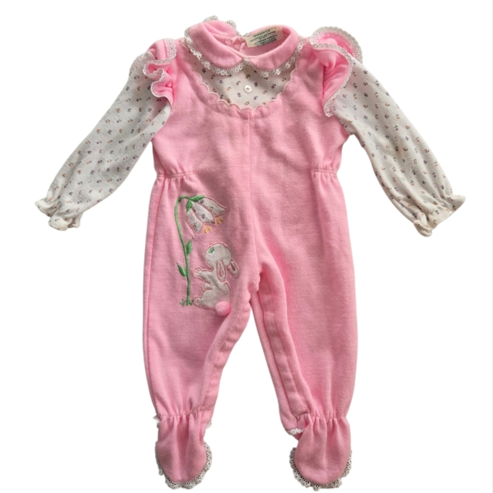 Vintage 1990s Tiny Tots Pink One Piece Footies with Bunny Design